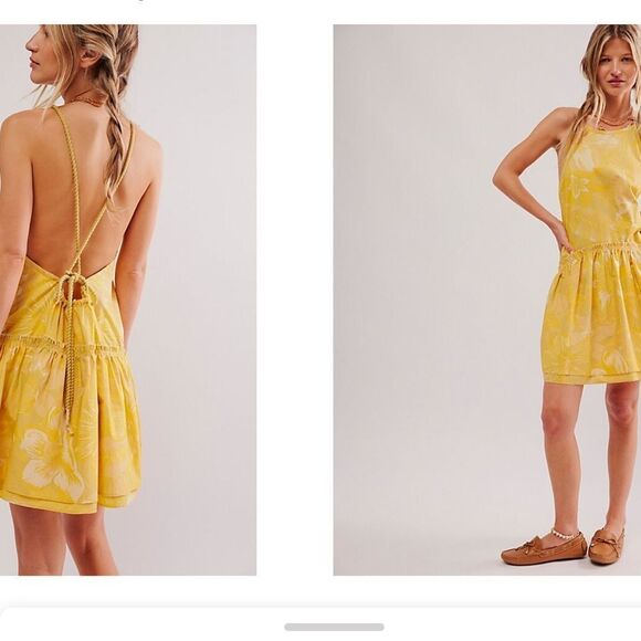 Free People Deserted Island Mini Dress in Yellow NWOT - Picture 3 of 11